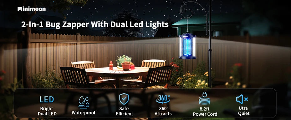 Minimoon Outdoor Bug Zapper — 15W UV, 4200V Grid, Dual LED Light, IPX4 Waterproof, 2100 Sq.Ft Coverage