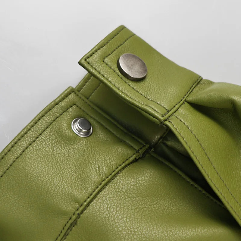 Women's Green Faux Leather Jacket – Loose Fit Lapel