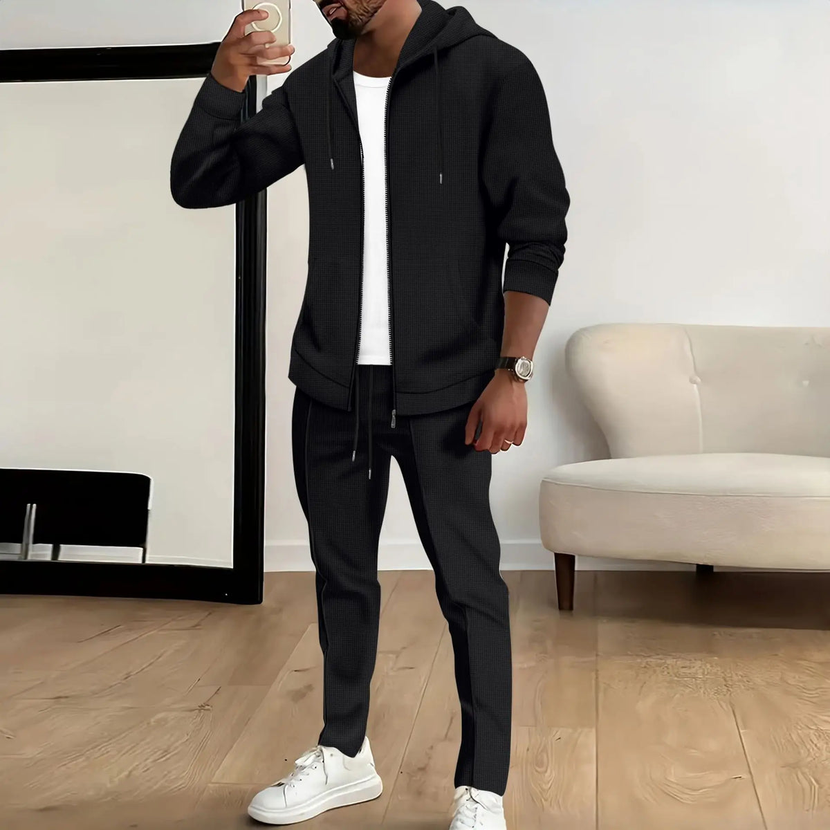 Men's Waffle Knit Slim-Fit Hooded Cardigan & Pants Tracksuit