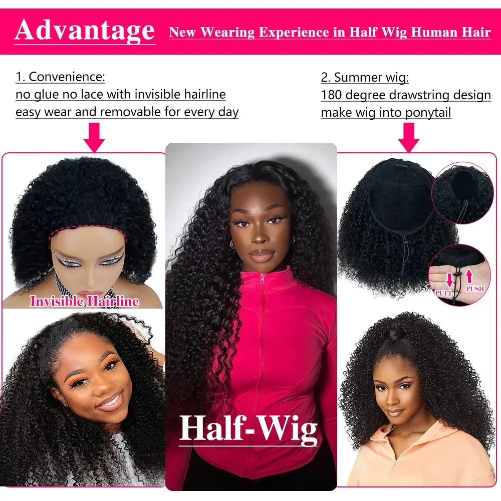300% Density Burmese Curly Human Hair Wigs For Women Brazilian No Glue Kinky Culry 3 IN 1 Half Wig 100% Human Hair Wigs On Sale