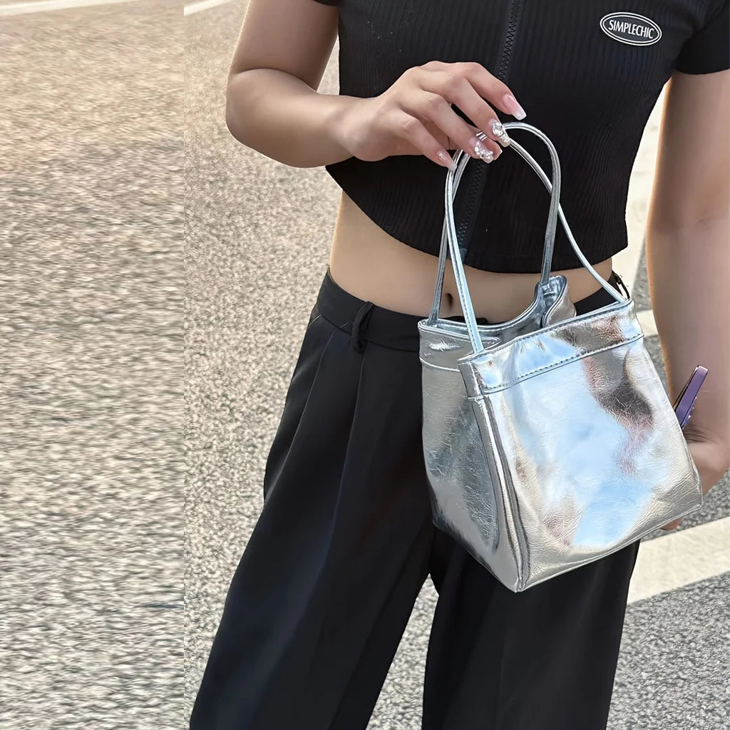 Sparkling Silver Glittery Mini Drawstring Bucket Bag – PU Crossbody Handbag with Wallet for Women