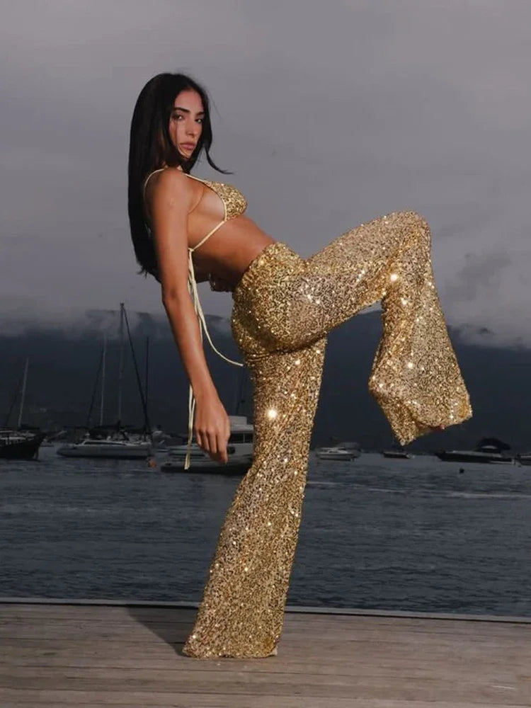 Sexy Sequin Bikini Pants 2-Piece Set | Off-Shoulder Halter, Sleeveless, Holiday Beach Outfit, S-L