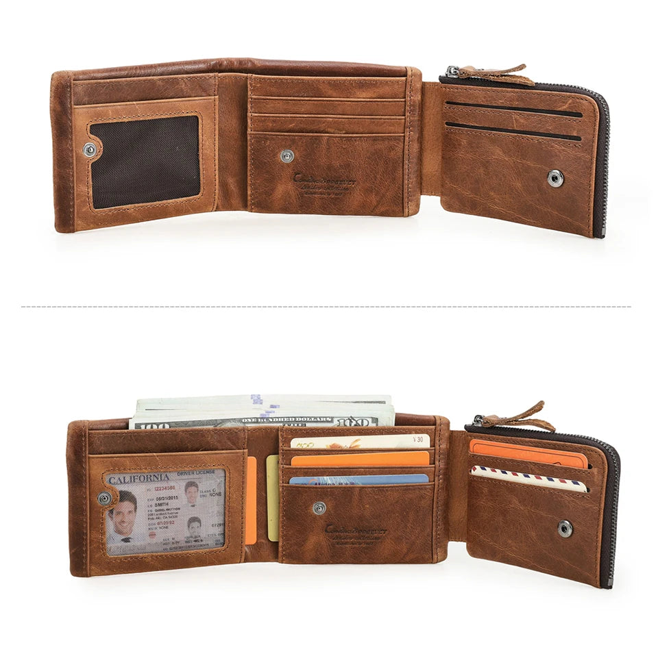Genuine Cowhide Leather Men's Trifold Wallet – Vintage Crazy Horse Leather Zip Coin Pocket Purse