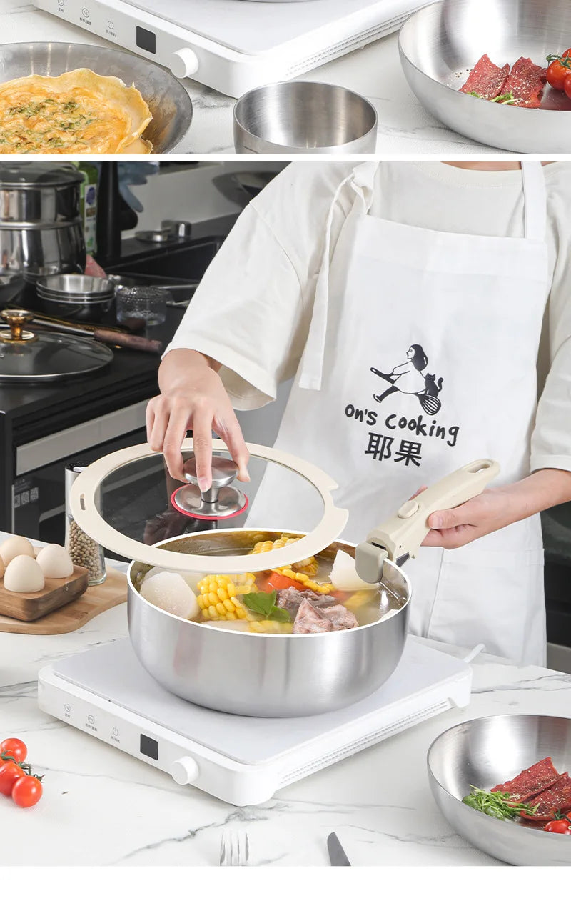 Pot and Cooking Set 316 Stainless Steel Household Full Set Six-Piece Pot Set, Detachable Handle, Uncoated Frying and Frying Wok