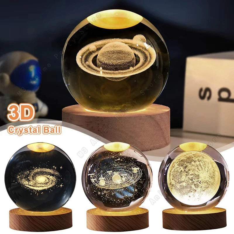 3D Crystal Ball Galaxy Night Light — LED Saturn Moon Lamp, Kids Birthday Gift