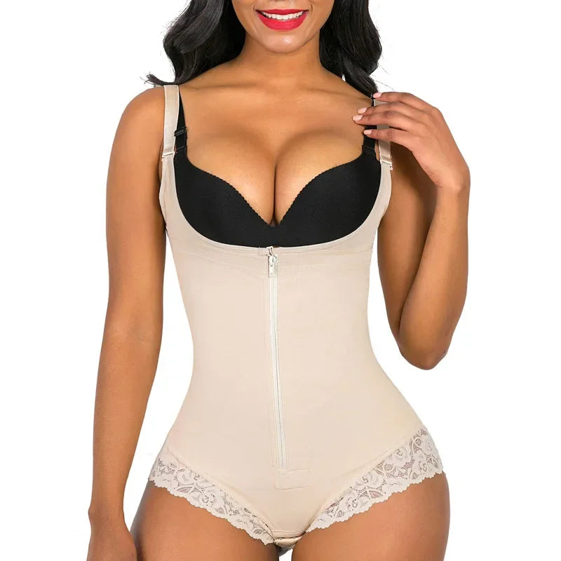 Fitneed Colombian Bodysuit Shaper – Medium Control, Lace Detail, Waist & Tummy, XS–XXXL, Beige & Black
