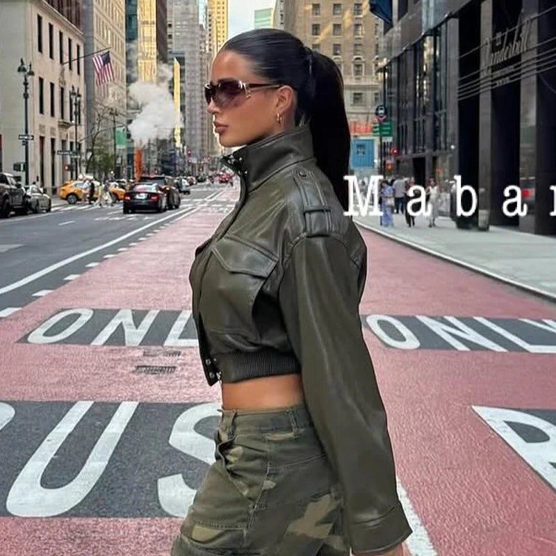 Women's Green Faux Leather Jacket – Zip-Front Streetwear