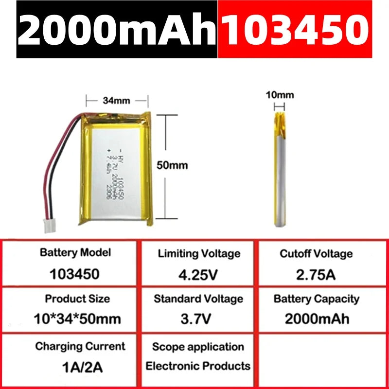 103450 3.7V 2000mAh Polymer Lithium Rechargeable Battery – JST PH 2.0mm 2-Pin for Camera GPS MP5 Bluetooth Headset