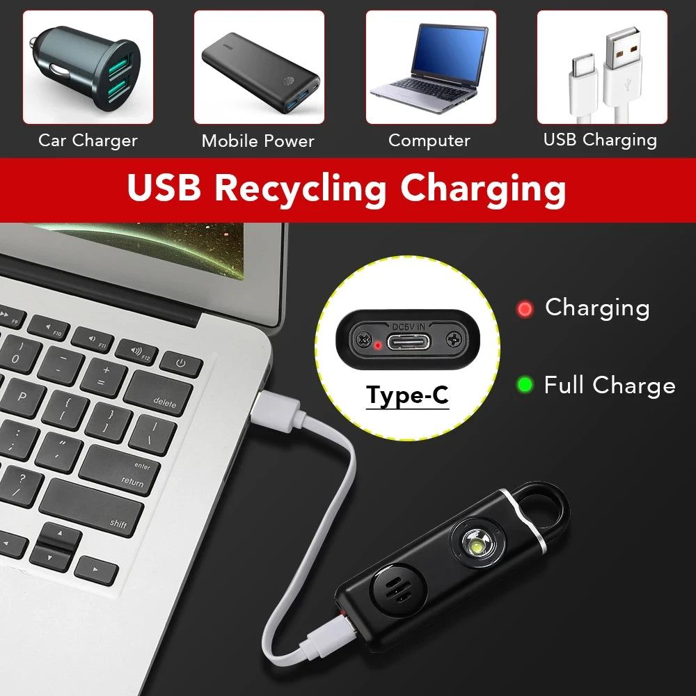 130dB Personal Safety Alarm Keychain with LED Light – Rechargeable Self Defense