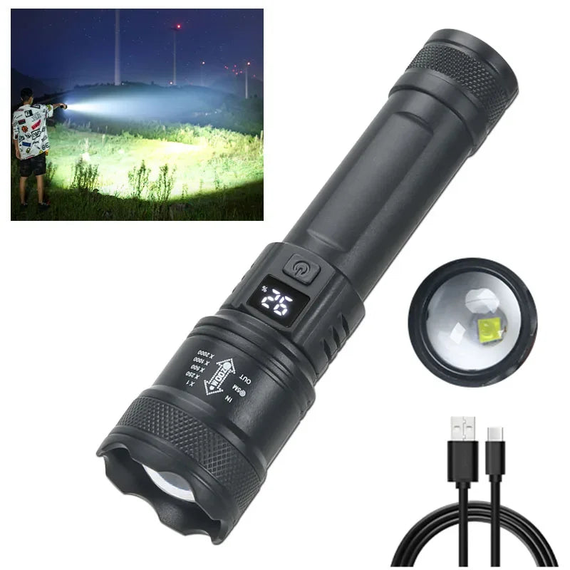2000LM LED Tactical Flashlight with Power Display – USB Rechargeable Zoomable Camping Torch