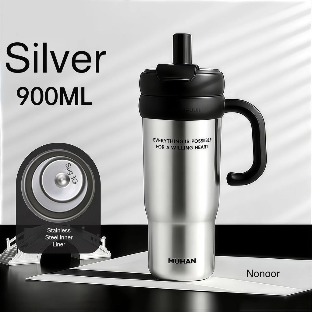 900ml Ceramic Interior Tumbler with Handle & Straw – 201 SS Shell, Dishwasher Safe, 24Hr Cold, Modern Minimalist, 3 Colors