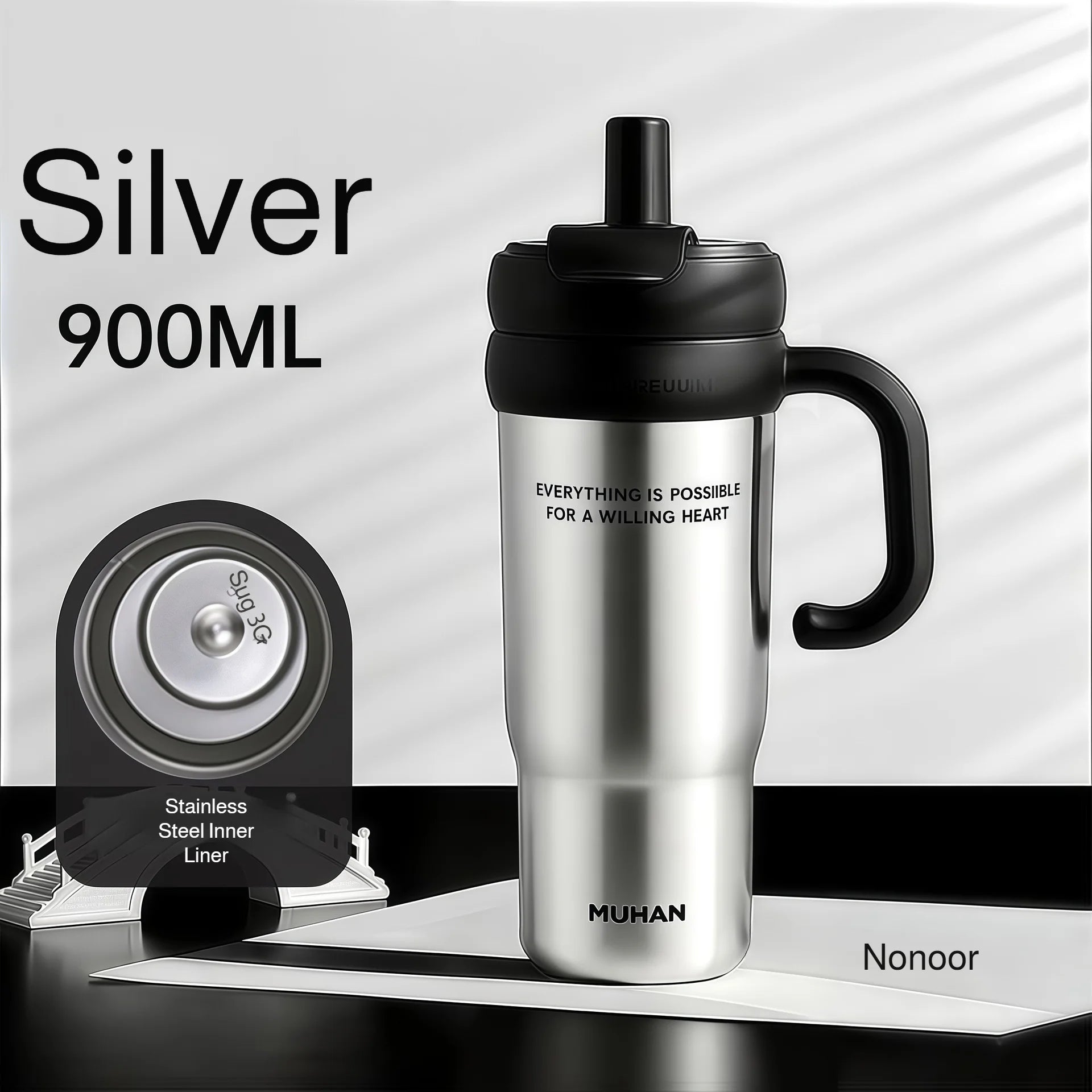 900ml Ceramic Interior Tumbler with Handle & Straw – 201 SS Shell, Dishwasher Safe, 24Hr Cold, Modern Minimalist, 3 Colors