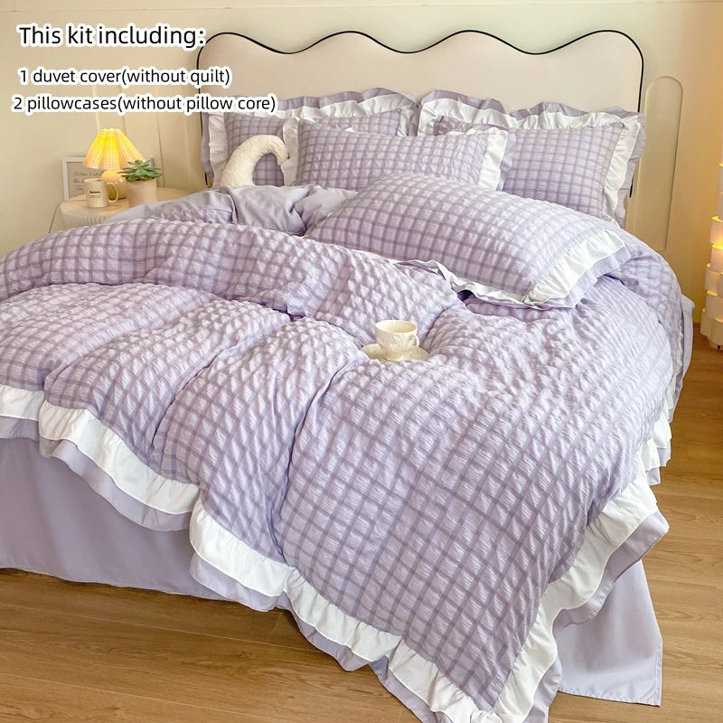 Korean Seersucker Lace Duvet Cover Set – 3-Piece Bedding, 3 Colors & 10 Sizes