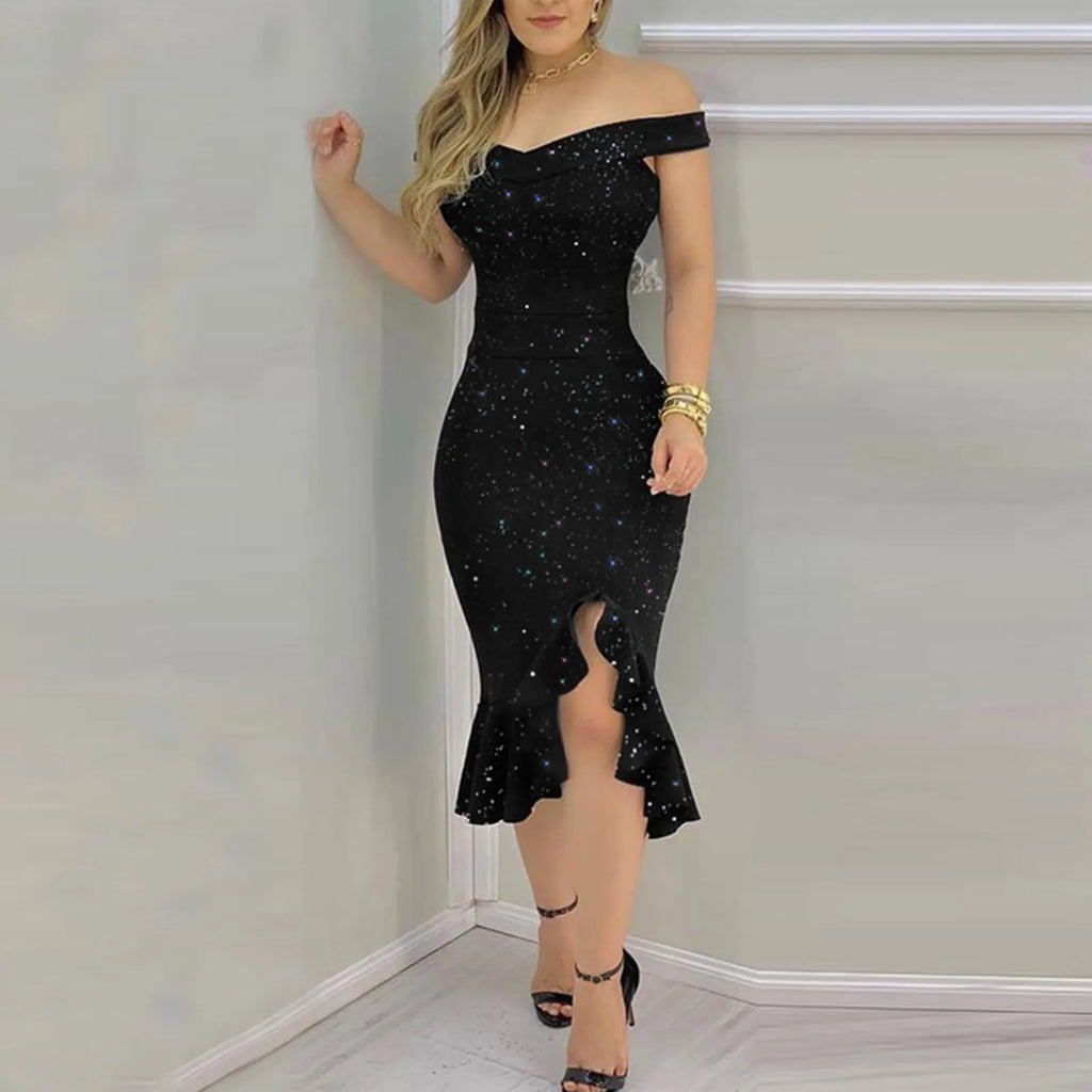Off Shoulder Sequin Ruffle Irregular Evening Dress — Masquerade Party Dress