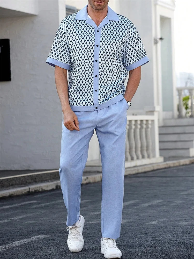 Men's 3D Striped Print Lapel Shirt & Shorts Casual Set – Autumn Outdoor 2-Piece