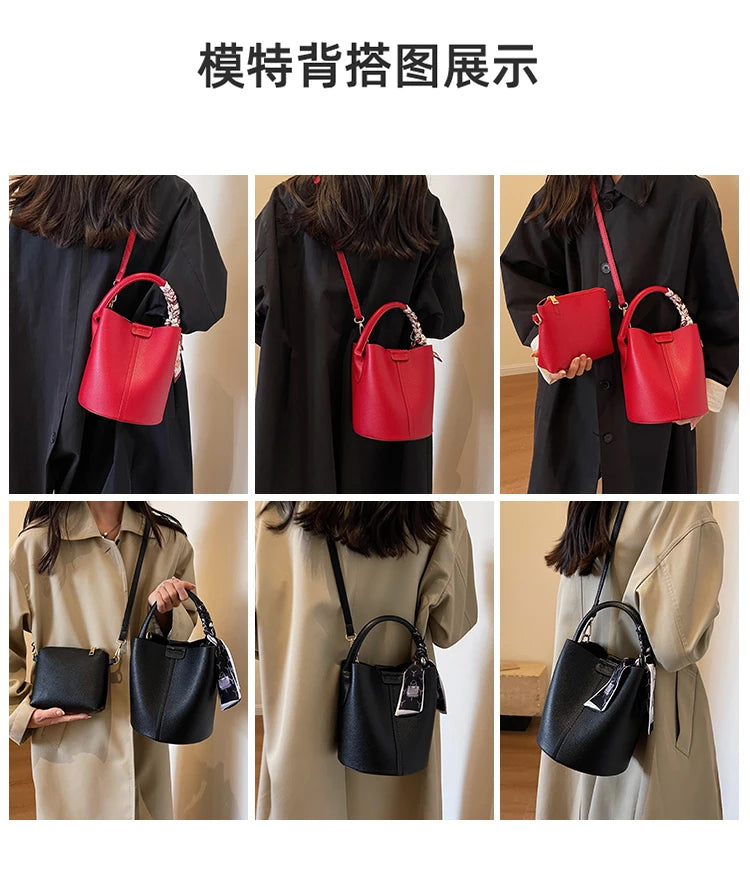 Fashion Simple PU Leather Bucket Shoulder Bag – Luxury Commuter Handbag for Women