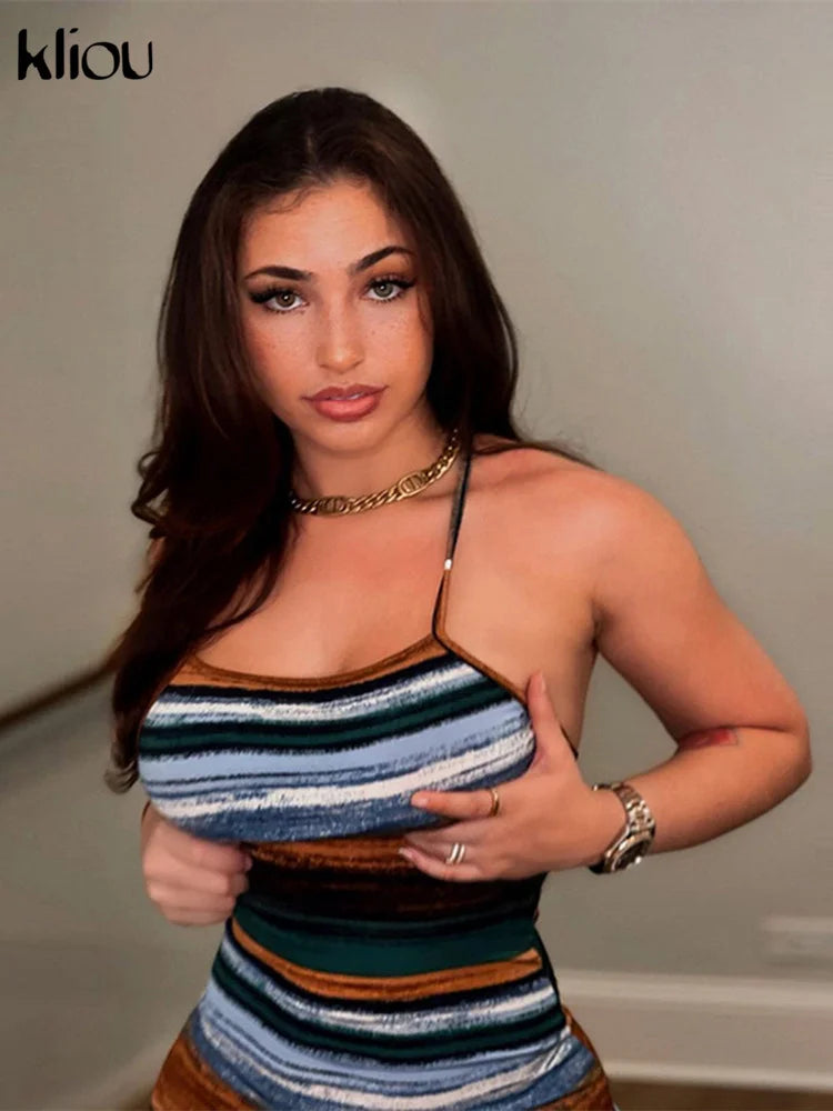 Striped Backless Camisole Mini Dress — Sexy Slash Neck Clubwear