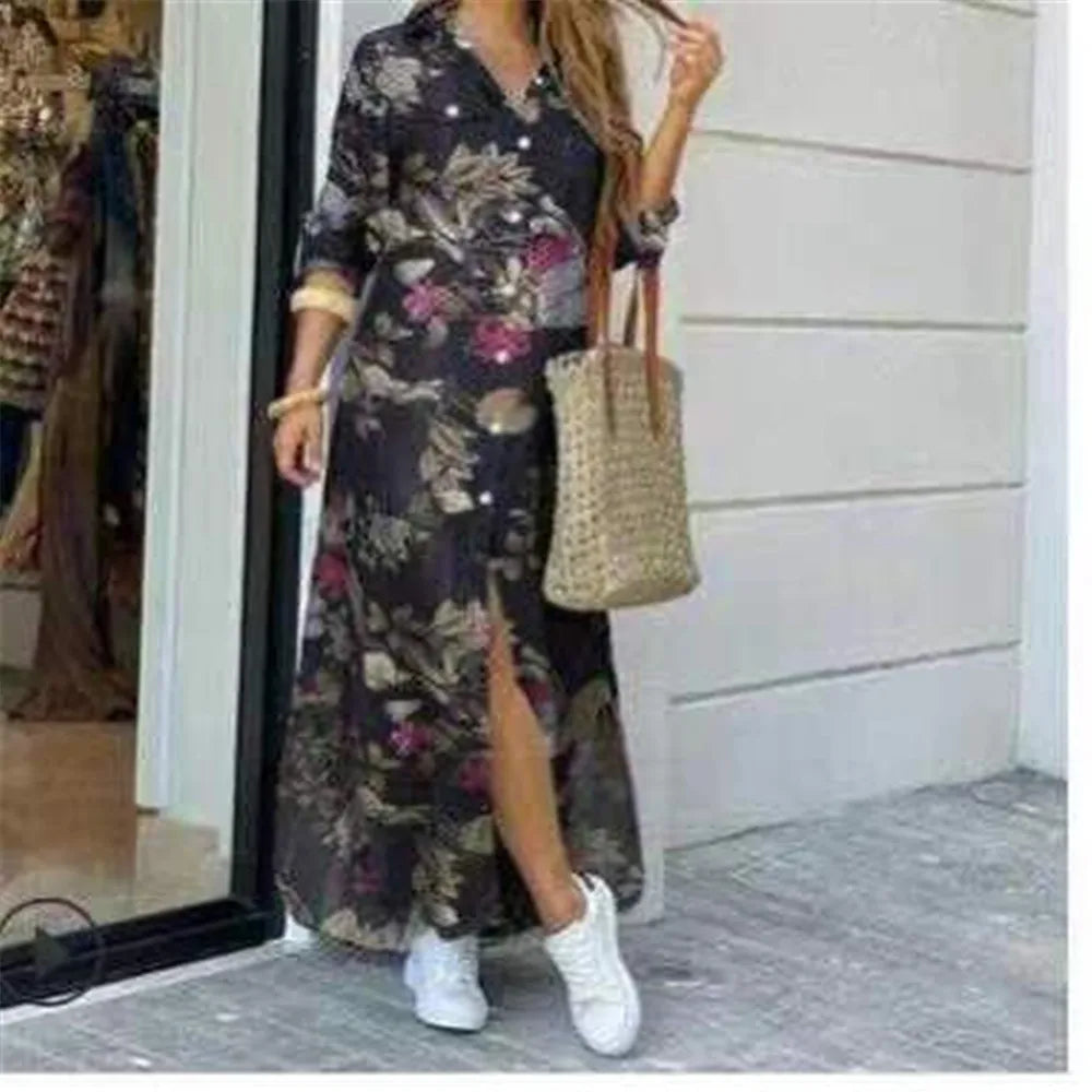 Lapel Literary Print Long Shirt Skirt Dress — Loose Single-Breasted Casual Women's Dress