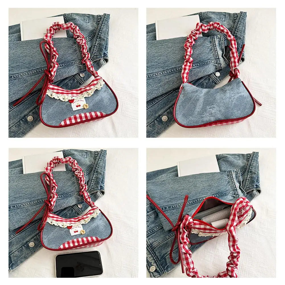 Y2K Checkered Lace Bowknot Shoulder Bag – Sweet Underarm Crossbody Bag for Women