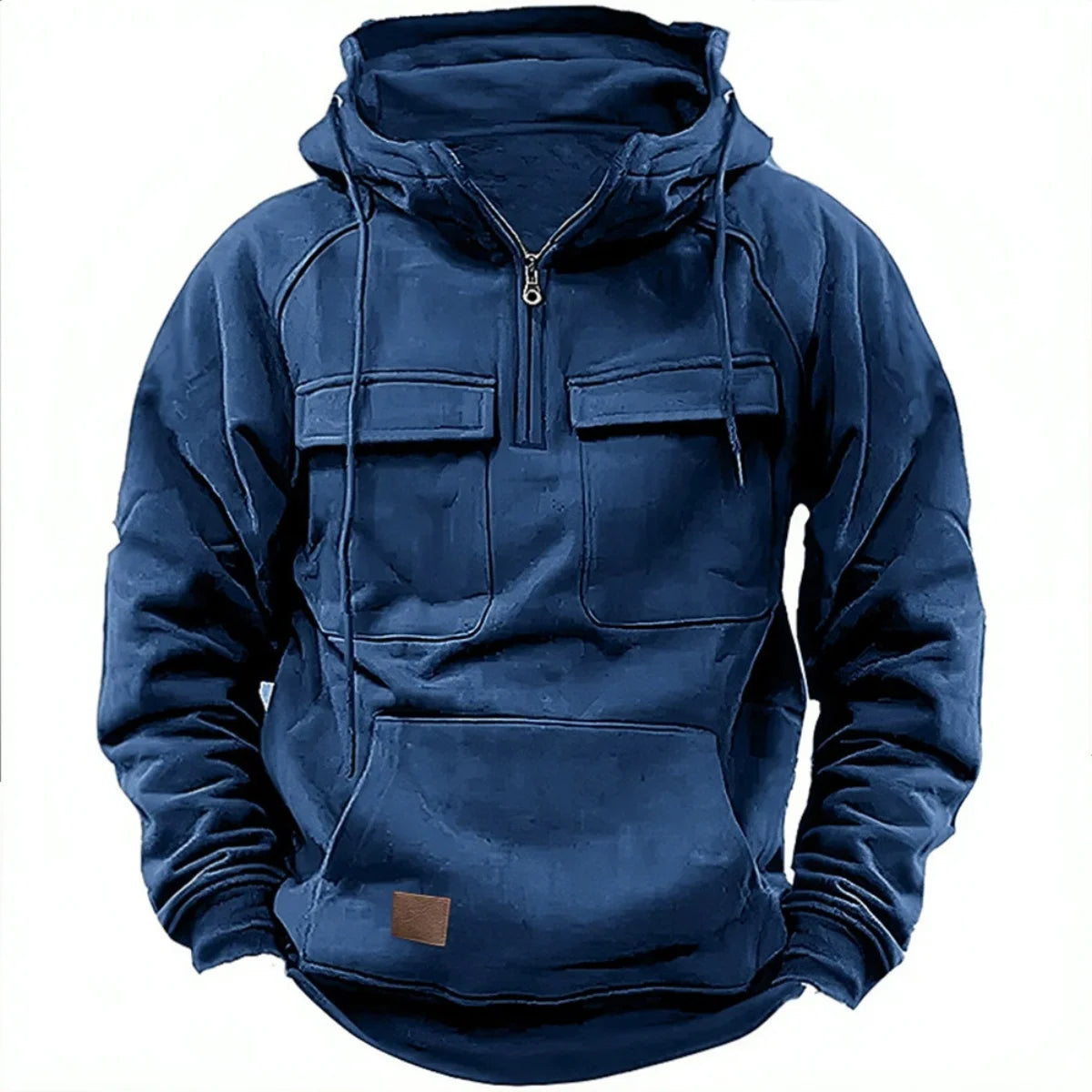 Men's Multi-Pocket Patch Hoodie Pullover — Casual Solid Color Hooded Shirt