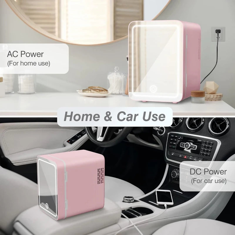 Skincare Fridge with Dimmable LED Light Mirror — 4L Makeup Mini Fridge for Bedroom & Car