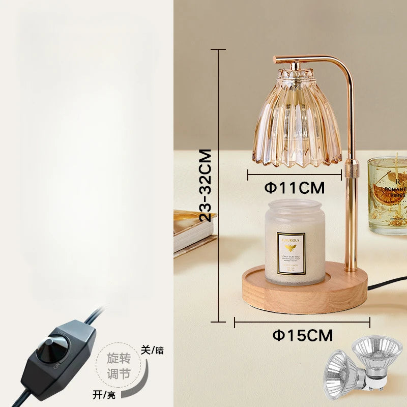 Dimmable Candle Warmer Lamp with Wood Base and Glass Shade