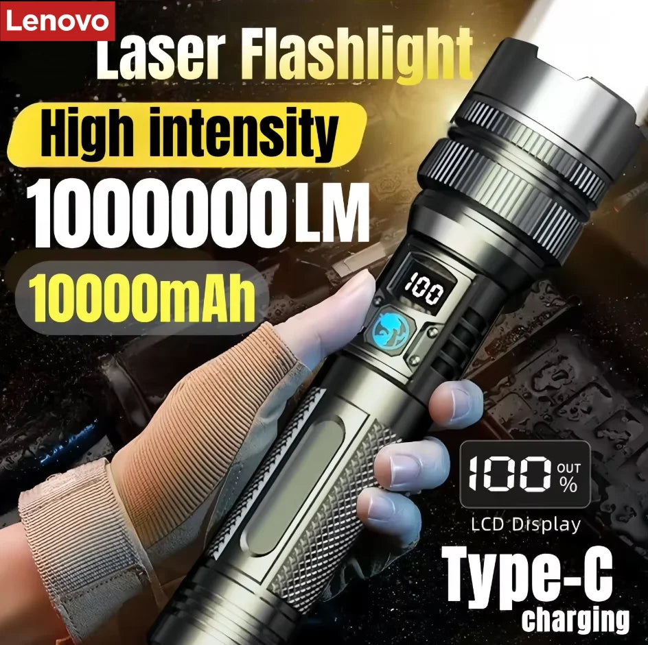 Lenovo Super Bright LED Flashlight – 2000 Lumen, USB-C, Digital Display, IPX8 Waterproof, Zoomable Camping Torch