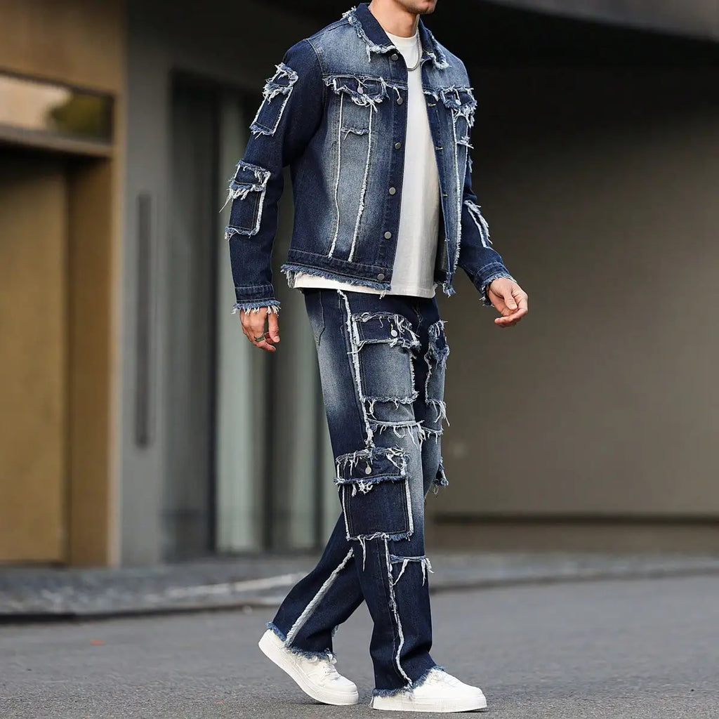 Men's Denim Suit & Wide Straight-Leg Pants Set – Multi-Pocket Spring Autumn Casual 2-Piece