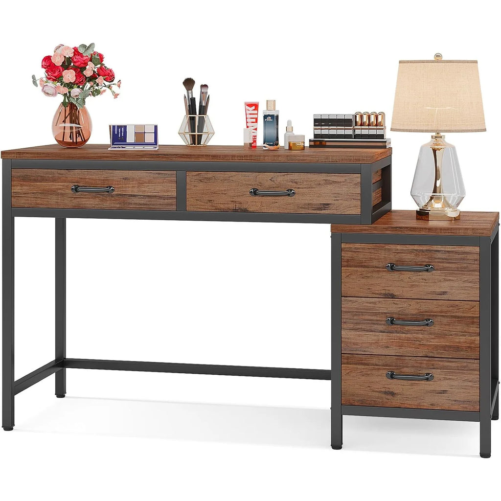 Vanity Desk with 5 Drawers & 3-Drawer Side Chest — No Mirror