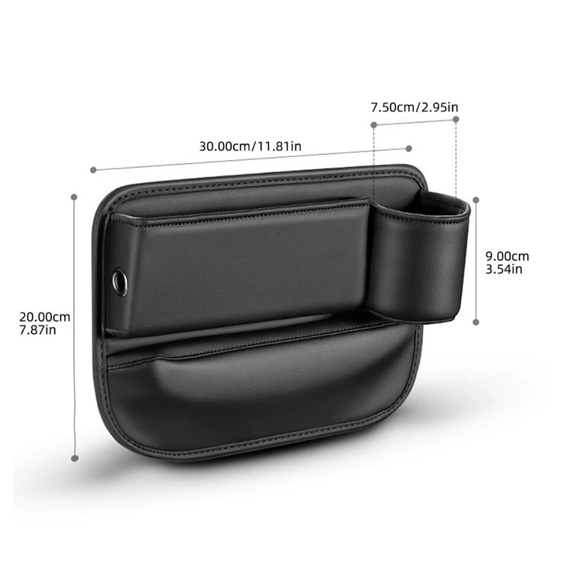 Black car cup holder organizer with dimensions on a white background