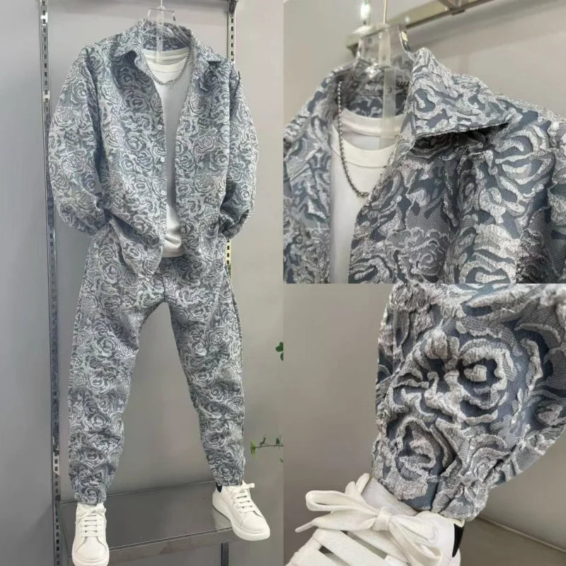 Men's Sporty Lapel Jacquard Long Sleeve Shirt & Pants 2-Piece Set – Spring Autumn Fashion