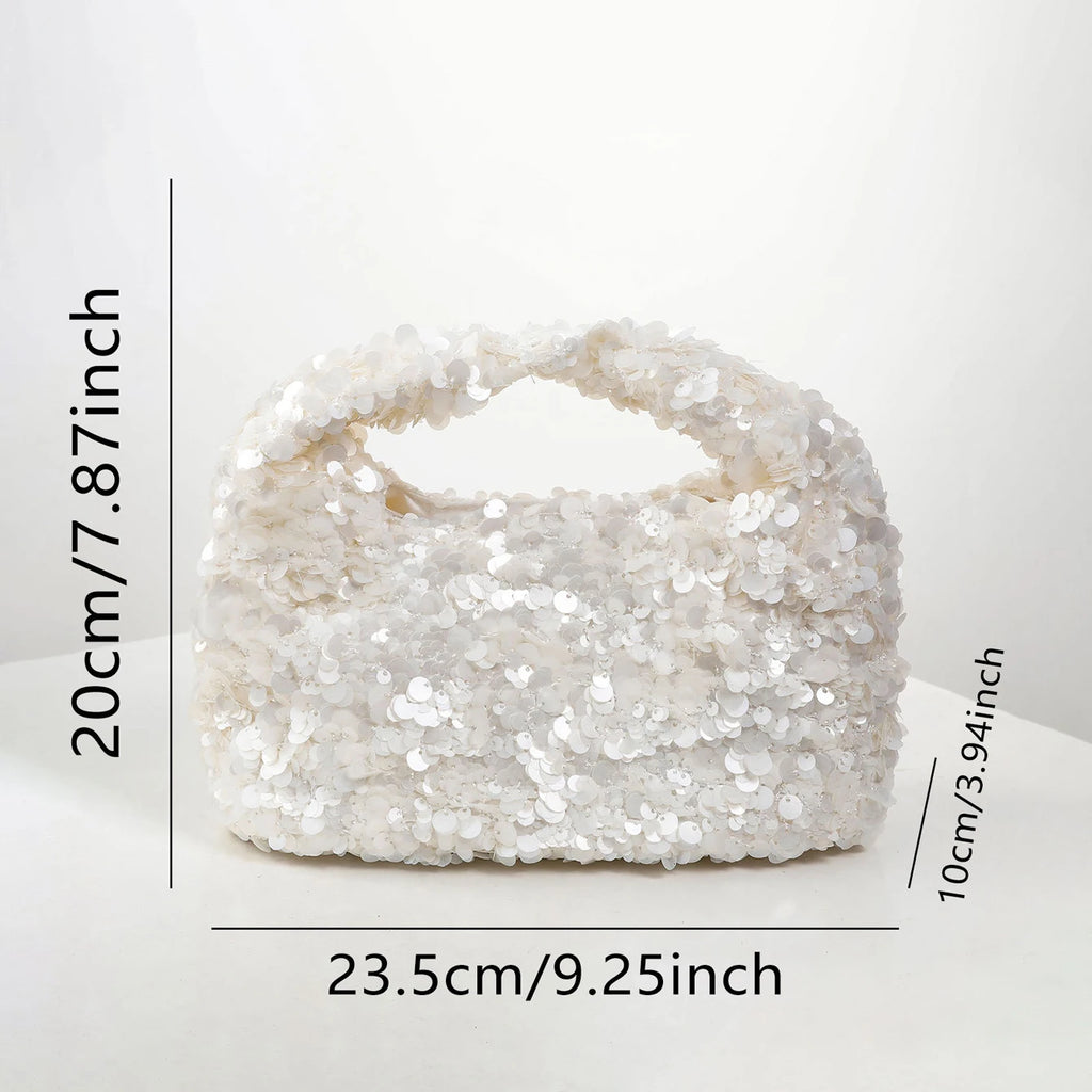 White Sequin Hobo Bucket Bag – Shiny Evening Clutch Tote for Wedding Party & Special Occasions