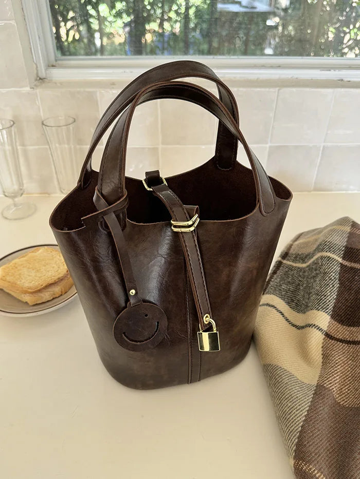 PU Leather Lock Bucket Crossbody Shoulder Bag – Fashion Designer Tote Handbag for Women