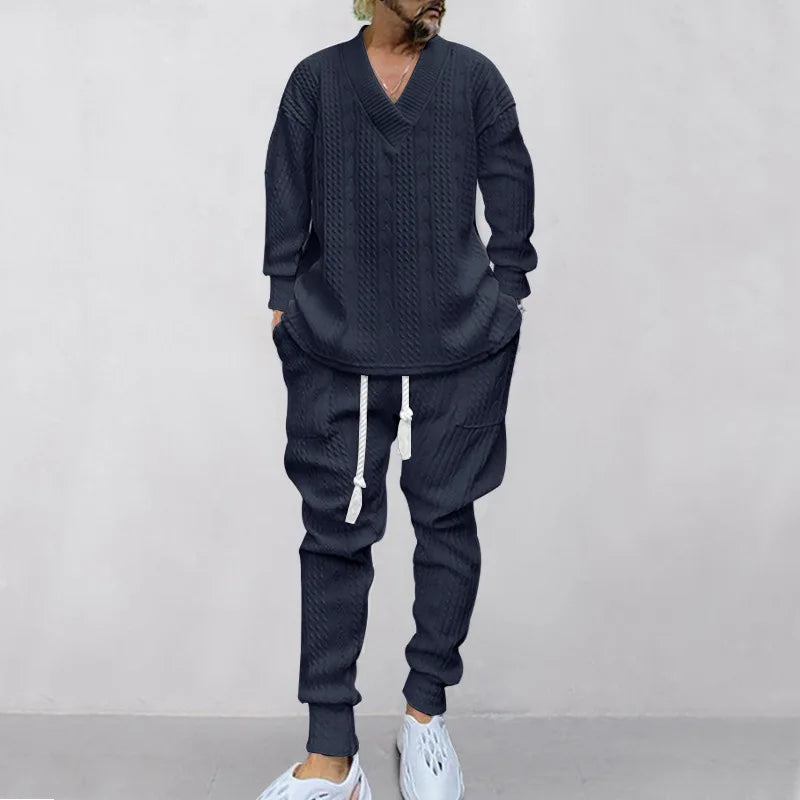 Men's Jacquard Knit Sweater & Casual Trousers Two-Piece Set