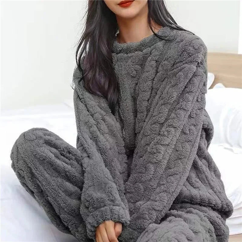 Women's Winter Plush Fleece Pajama Set – Thick Warm Jacquard Loungewear, 6 Colors