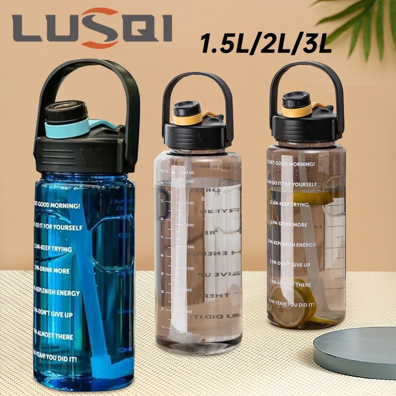 LUSQI 1.5L/2L/3L Large Capacity Motivational Water Bottle with Straw, Time Stamp & Carry Rope – BPA-Free, Leakproof