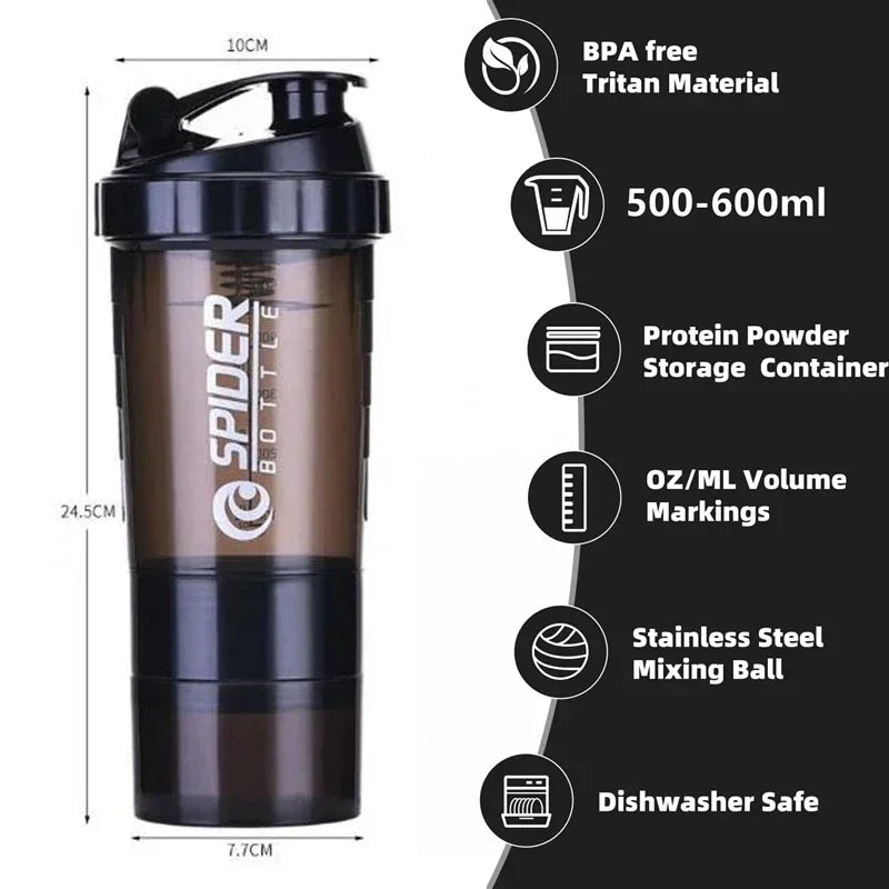 500ml Portable Protein Shaker Bottle with Powder Storage & Wire Whisk Ball – Gym & Sport Mixer Cup