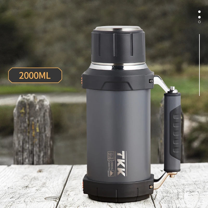 TKK 2000ml 316 SS Vacuum Thermos Flask with Rope – BPA-Free, Hot & Cold, Ergonomic Spout, 68oz Large Capacity