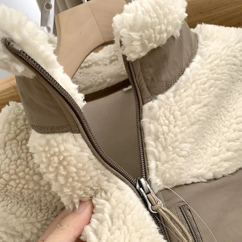 Japanese Fleece Zip Jacket – Unisex Loose Warm Lamb Wool Coat for Couples