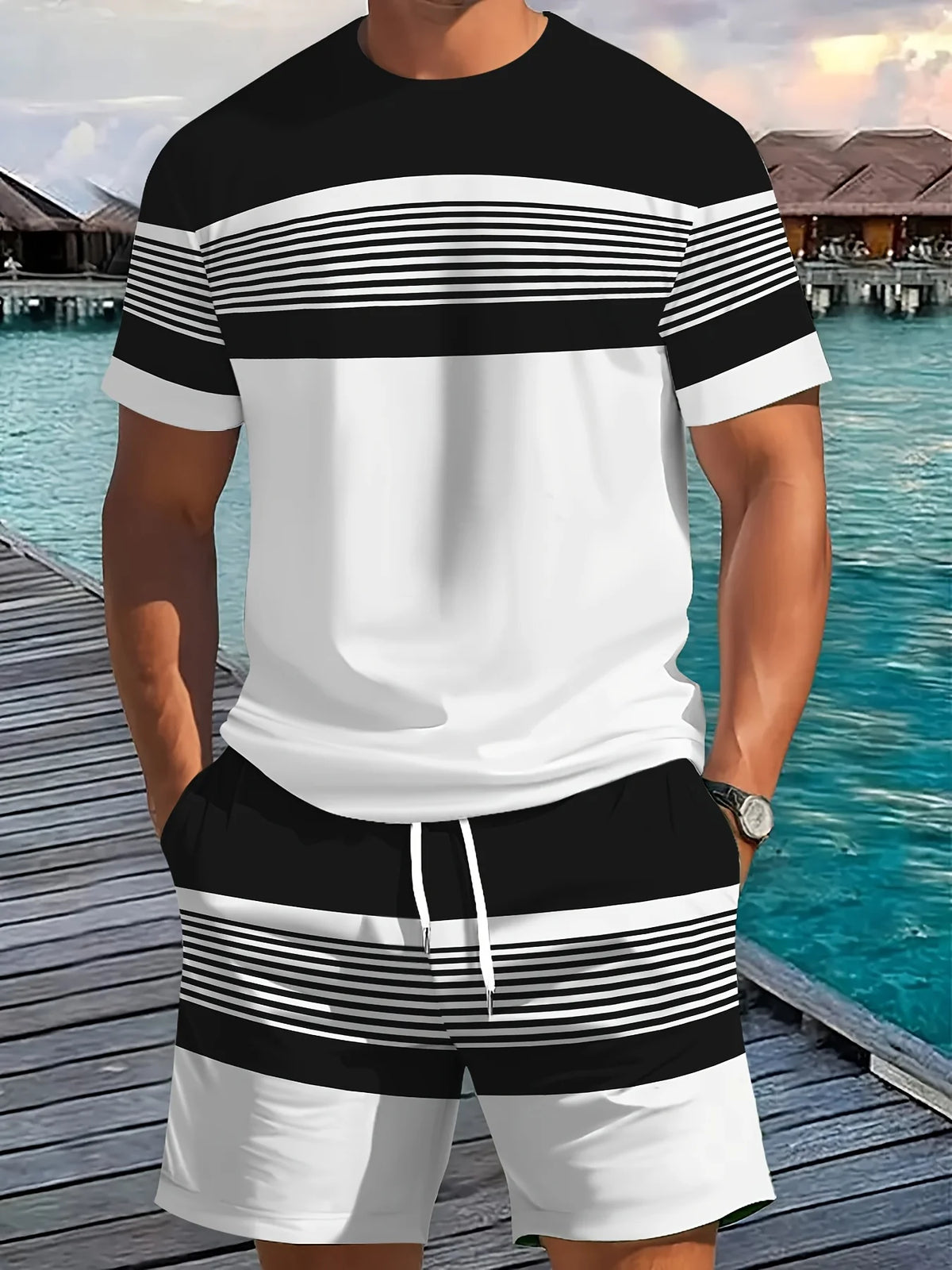 Men's Striped Short Sleeve T-Shirt & Drawstring Shorts Outdoor Travel Set