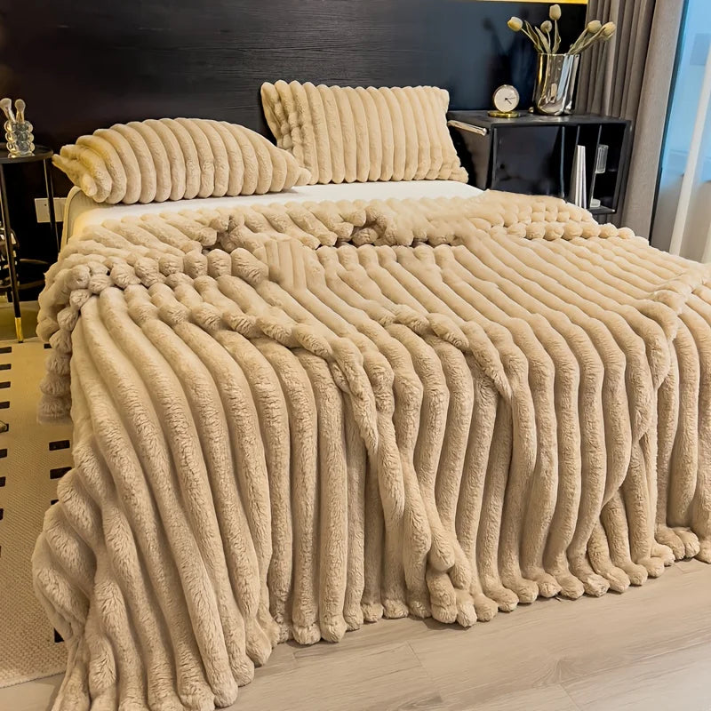 Thickened Wide Stripe Plush Flannel Multifunctional Blanket – Bed Sheet, Sofa & Nap Cover, 7 Colors & 5 Sizes