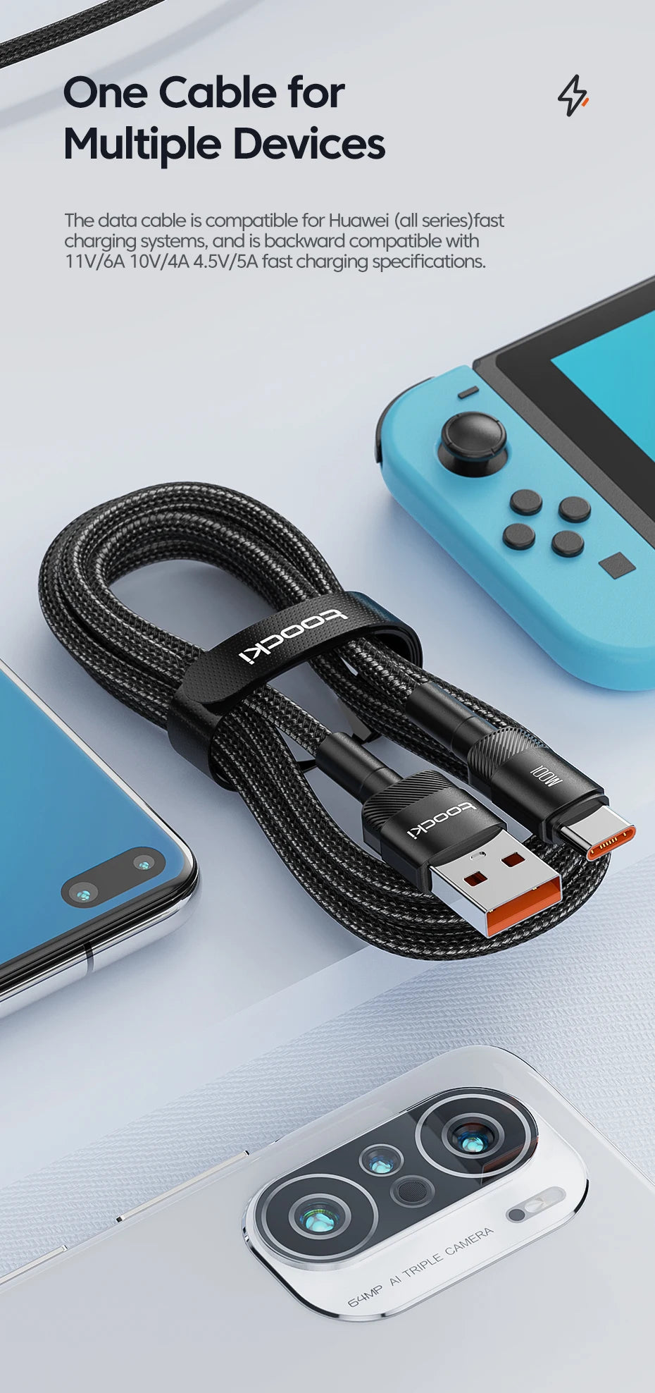 6A Speed. Braided Strength. Every Length. — Toocki USB-A to USB-C 6A 100W Fast Charging Cable | 0.25m to 3m, Huawei, Xiaomi, Samsung, OnePlus, 4 Colors