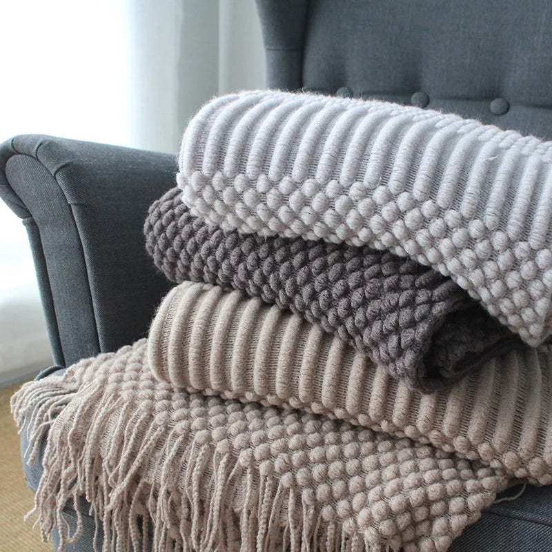 Knitted Acrylic Throw Blanket with Tassels – Chunky Farmhouse Style, 28 Colors & 2 Sizes