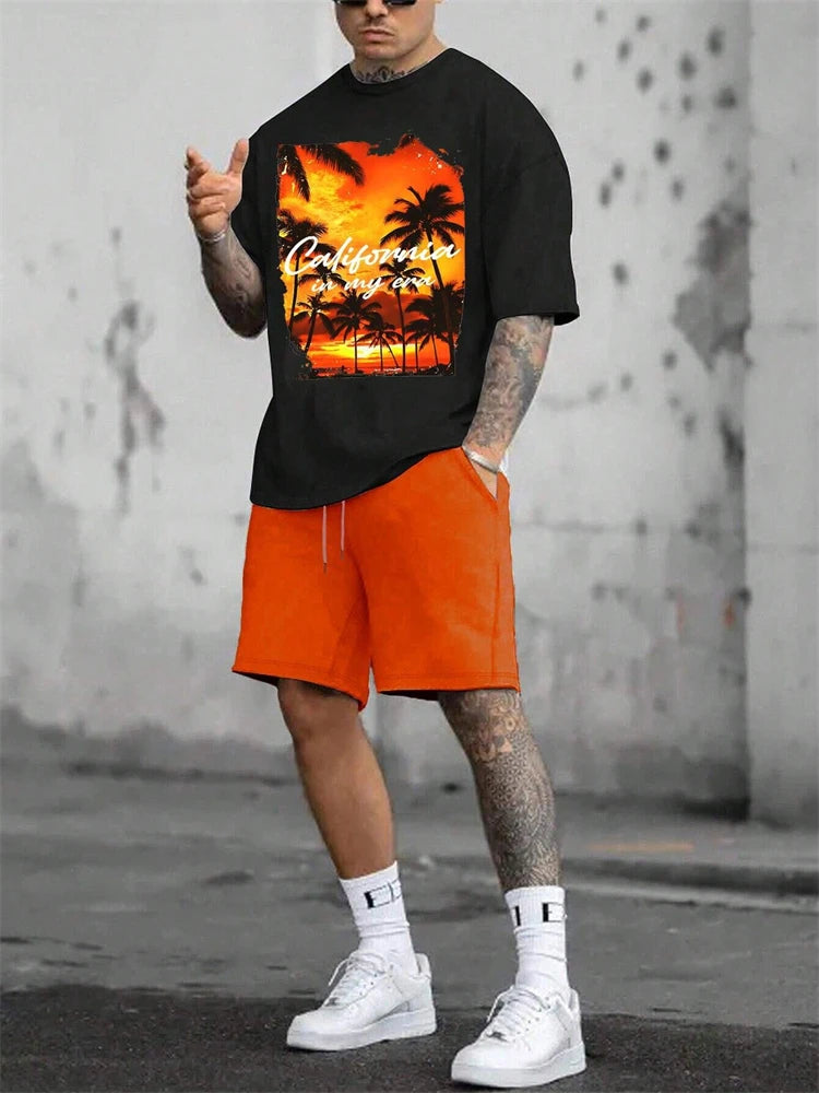 Men's Hawaiian Gradient Coconut Print T-Shirt & Pants 2-Piece Set – Beach Summer Sport