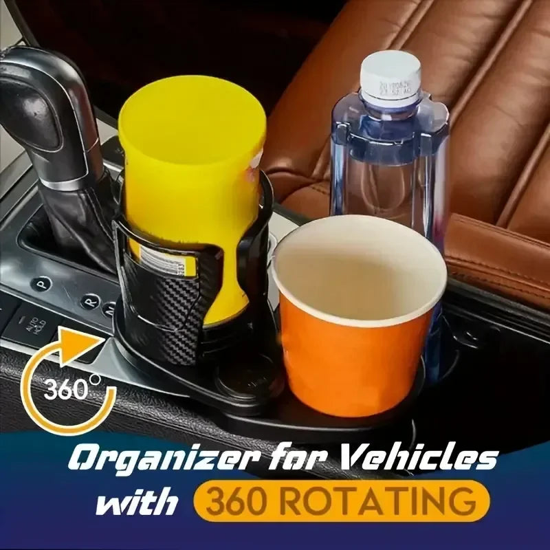 Car cup holder organizer with 360-degree rotation feature, holding a yellow cup, an orange cup, and a water bottle.
