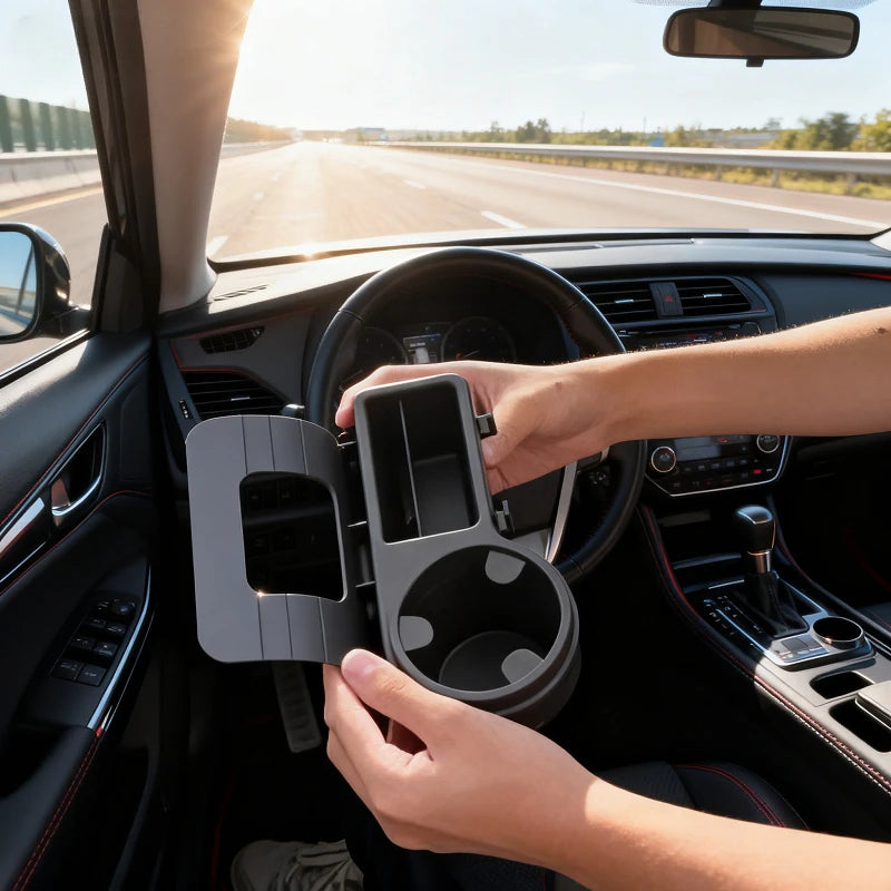 A person's hands holding a gray car cup holder organizer inside a modern car cabin with a highway view outside.