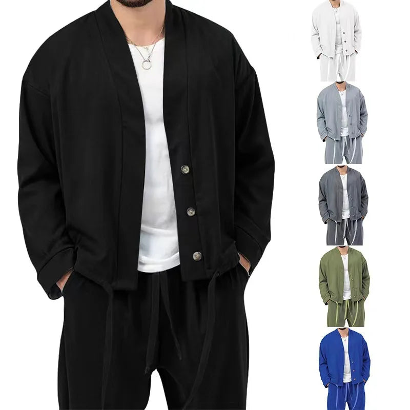 Men's Business Casual Sporty Long Sleeve Jacket & Pants Set – Pure Color Loose Spring Autumn Suit