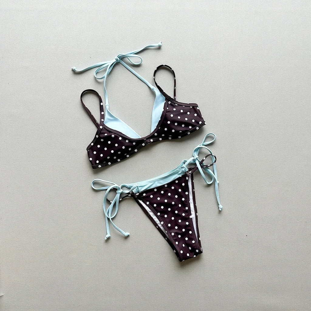 Polka Dot Bikini Set | Triangle Cup Halter Neck, High Cut Side Tie, Retro Print, Summer 2026 Swimwear S-L