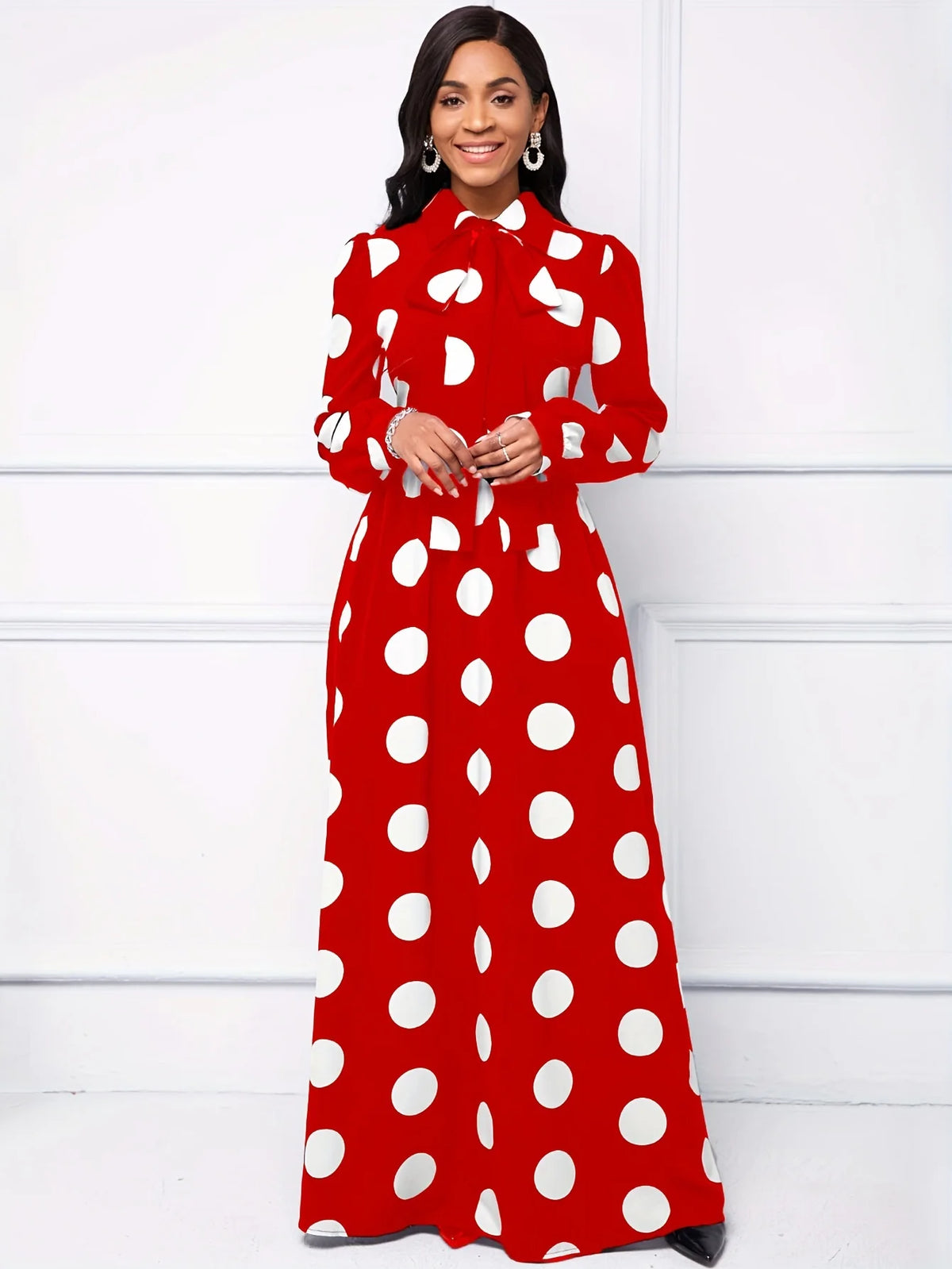 Bow Knot Polka Dot Maxi Dress — Long Sleeve Elegant Casual Lady Dress