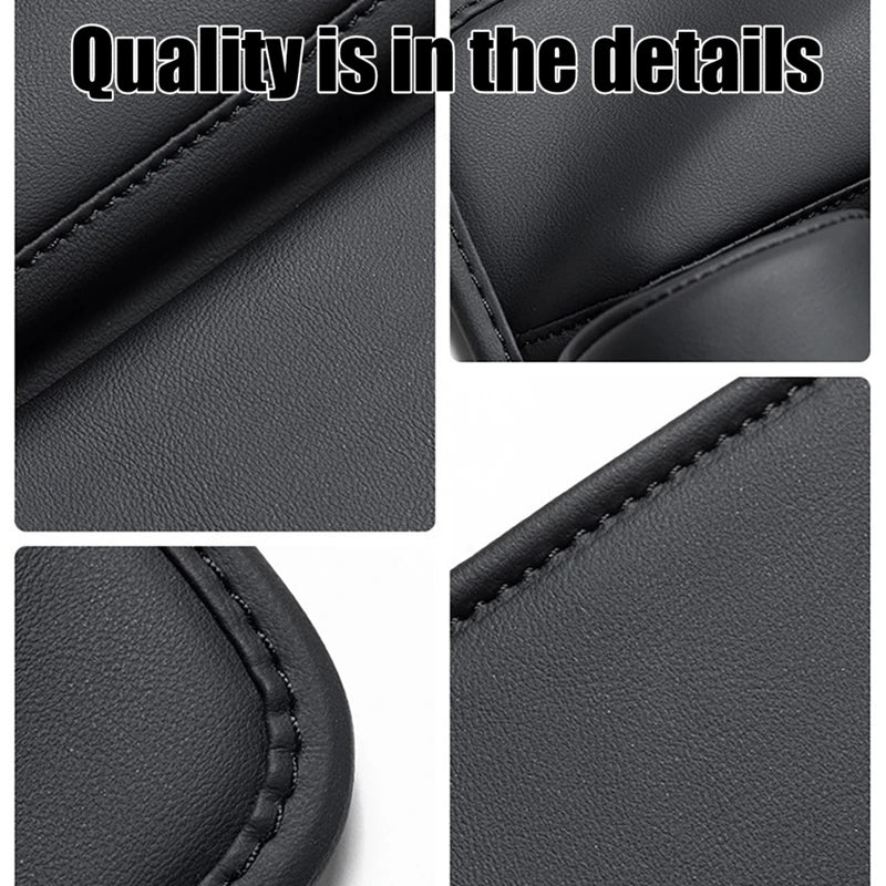 Collage of black leather texture with close-up details and text 'Quality is in the details'.